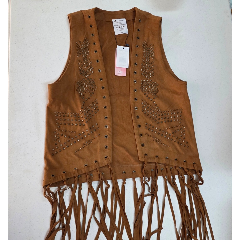 Fornia Womens Studded Fringe Faux Suede Vest Cognac Brown Western Boho Large NWT - Picture 8 of 8